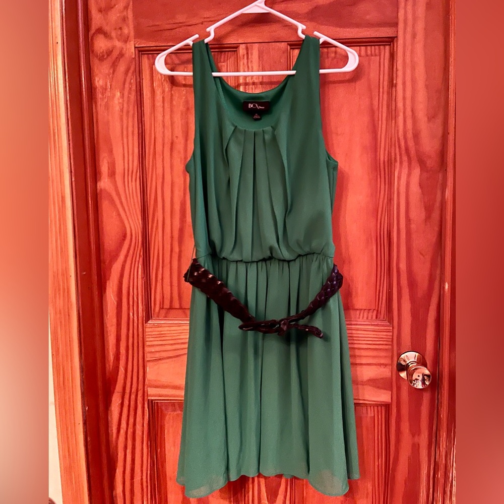 BCX Women’s Green Pleated Midi Dress with Black Belt